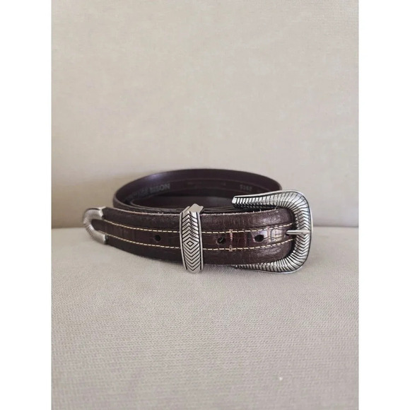 Vintage Bison Coloma Brown 5162 Leather Buckle Belt USA Croc Emboss Mens Size 40